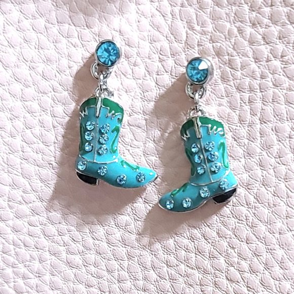 Turquoise Boot Earrings -Western Charm Meets Rhinestone Shine - Picture 4 of 9